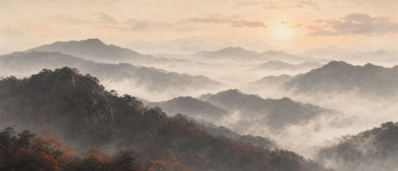 충청남도 금산군 부리면의 안개 낀 산자락 풍경